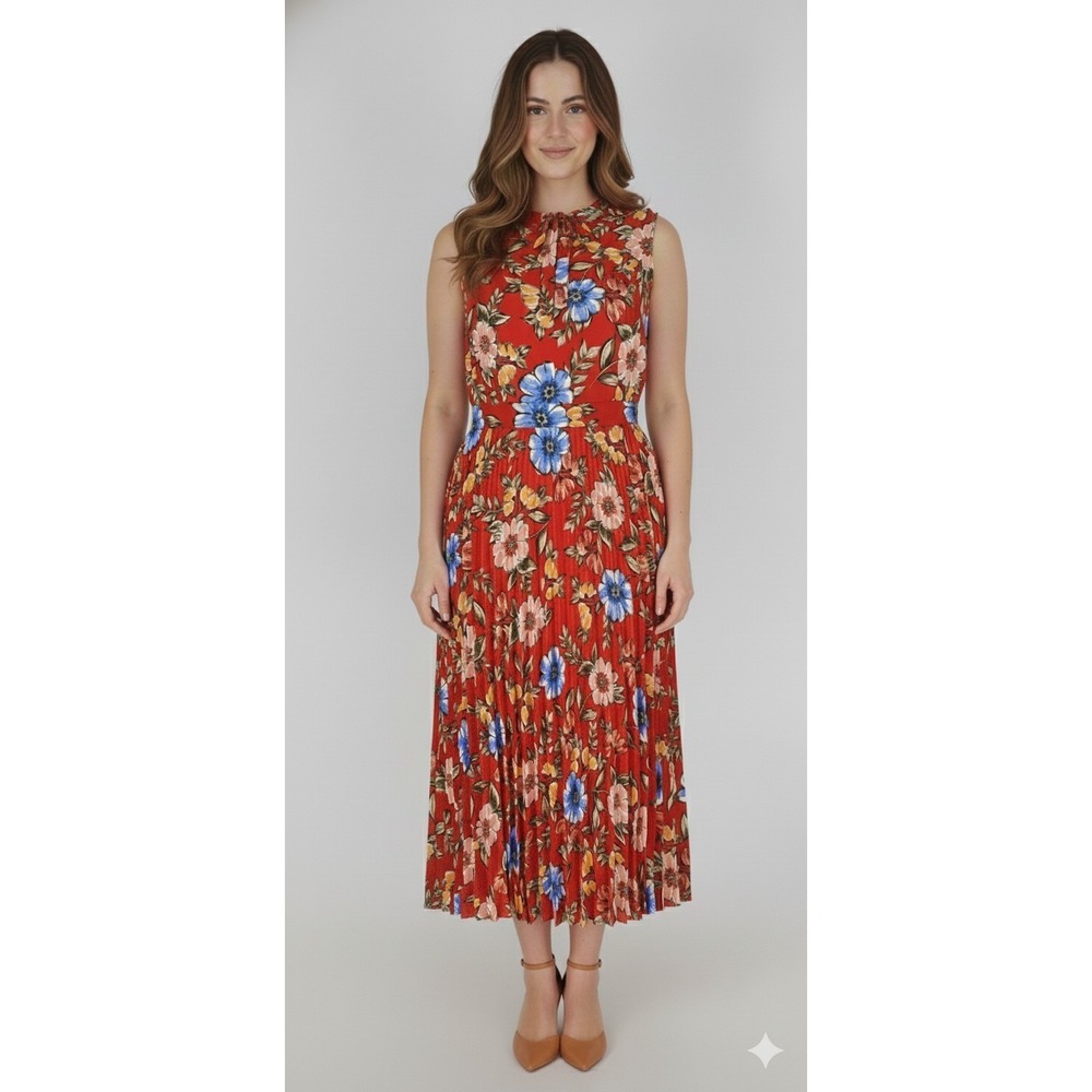 Donna Morgan Pleated Midi Dress Women Size 12 Red Floral Sleeveless Tie Neck